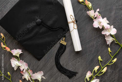 Graduation Mortar Hat, Diploma and Flowers