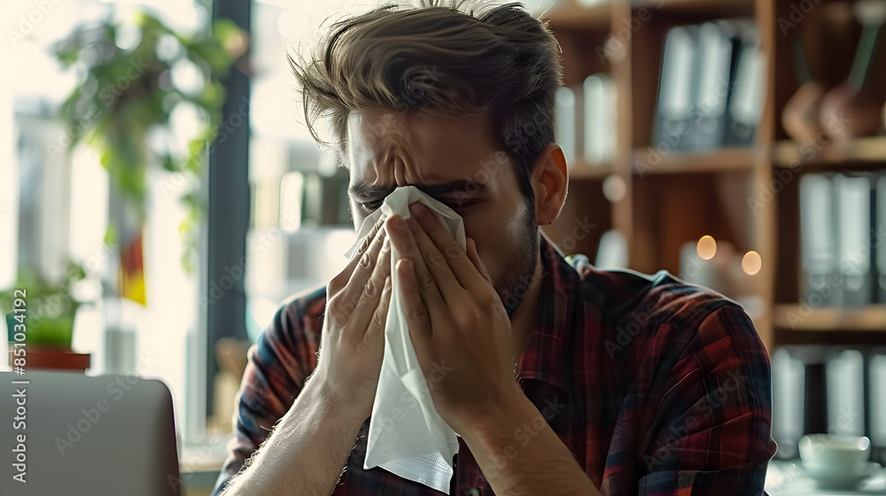 A man in an office using a handkerchief to blow his nose due to illness. Concept Illness, Workplace, Sickness, Handkerchief, Office A man in an office using a handkerchief to blow his nose due to illness. Concept Illness, Workplace, Sickness, Handkerchief, Office