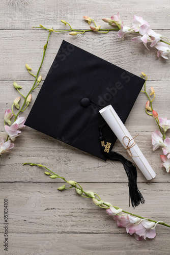 Graduation diploma, hat and flowers