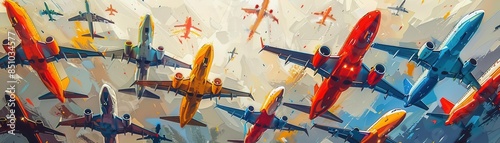 A vibrant digital painting of multiple colorful airplanes in flight against a dynamic sky, showcasing aviation and travel themes.