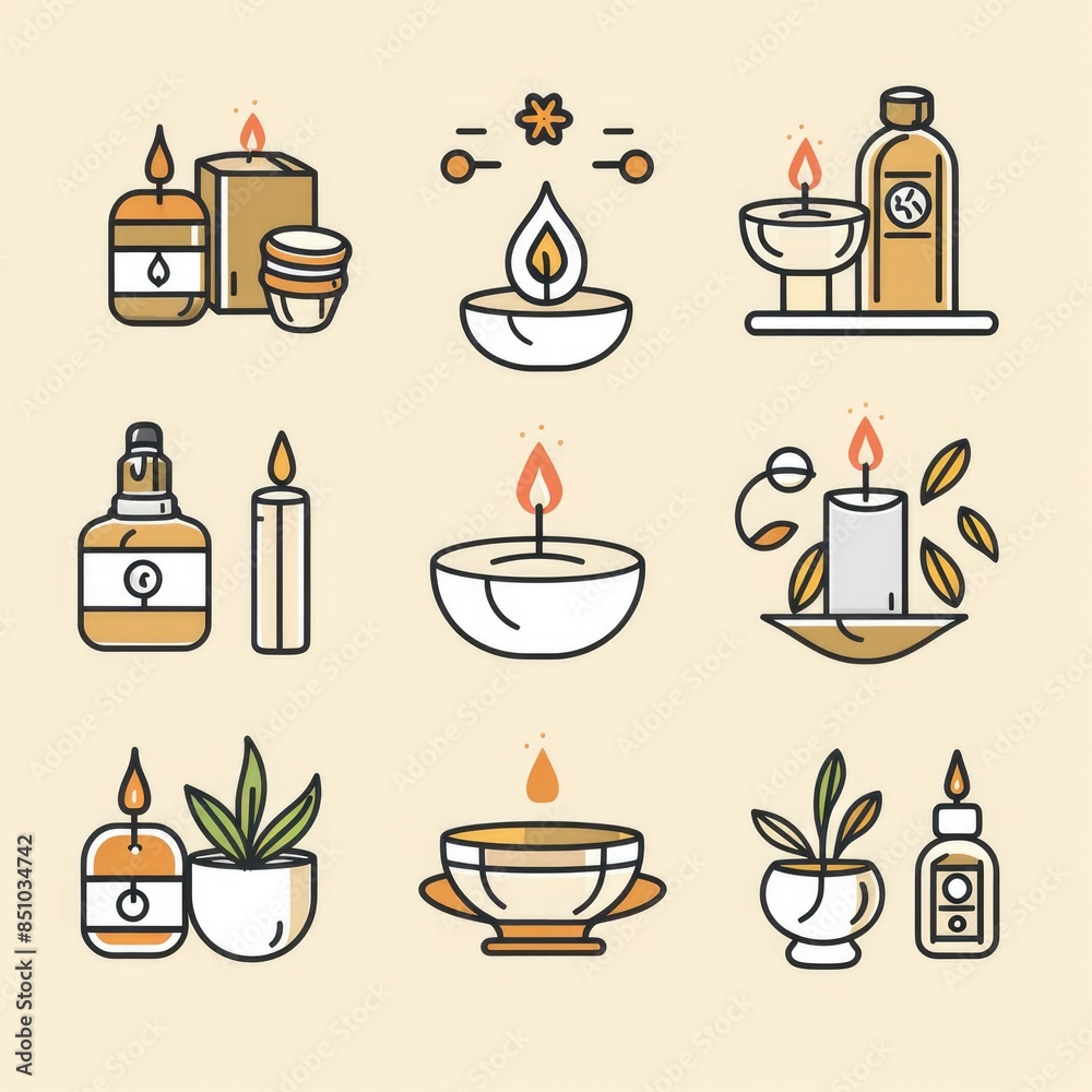 Candle Graphic. Tea and Gold Scented Aroma Candles for Cosmetic and Massage Treatment Candle Graphic. Tea and Gold Scented Aroma Candles for Cosmetic and Massage Treatment