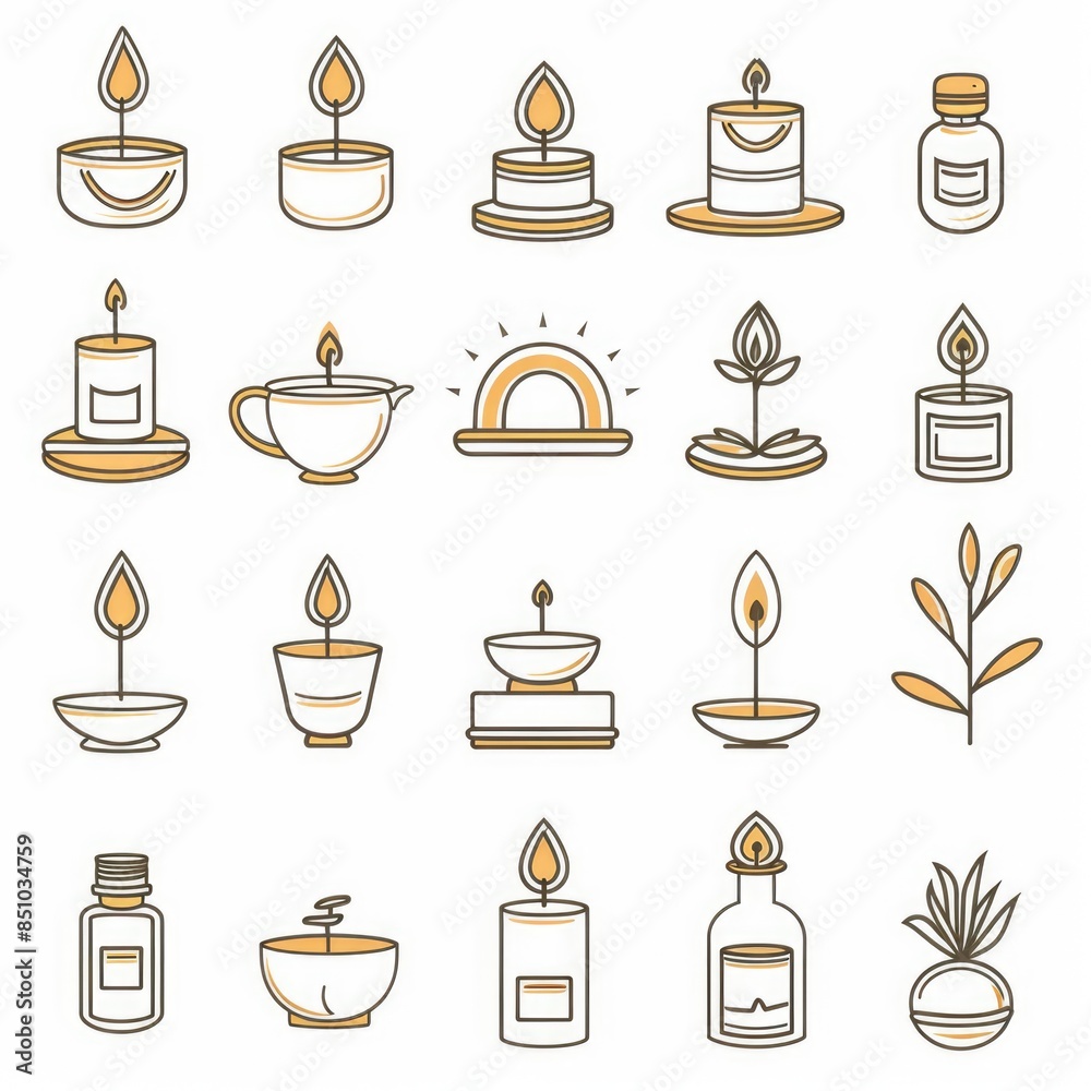 Obraz premium Candle Graphic. Tea Scented Aroma Candle with Gold Outline for Natural Aromatherapy Treatment