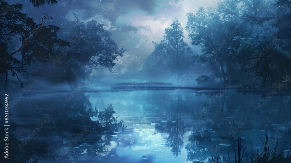 Tranquil lake dusk reflections blue shades Tranquil lake dusk reflections blue shades