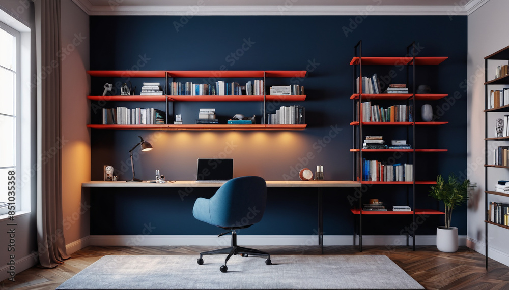 A refined study room with a solitary bookshelf, bright colors, and an empty wall, offering a peaceful and uncluttered environment, Generative AI A refined study room with a solitary bookshelf, bright colors, and an empty wall, offering a peaceful and uncluttered environment, Generative AI