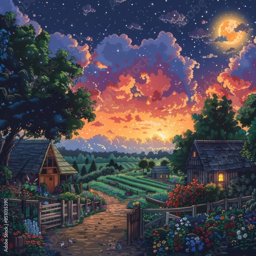 Enchanting rural evening landscape with a dreamy sunset, starry night sky, and charming farmhouses.