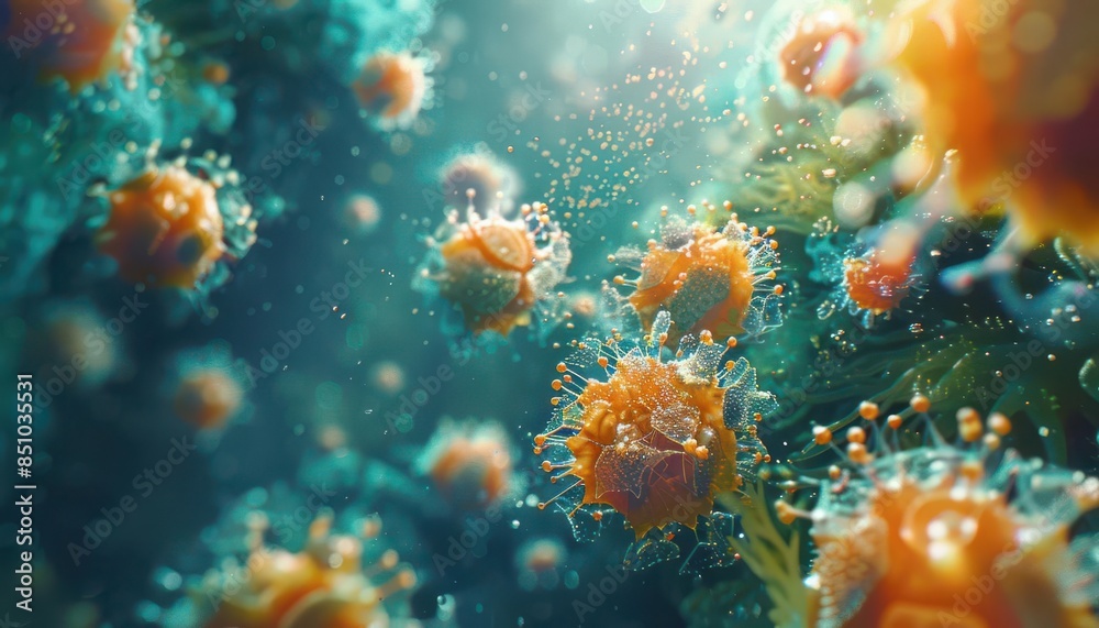 Close-up of floating microscopic organisms in an underwater environment, showcasing intricate details and vibrant colors. Close-up of floating microscopic organisms in an underwater environment, showcasing intricate details and vibrant colors.