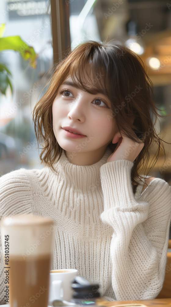 カフェにいるニットの女の子 カフェにいるニットの女の子