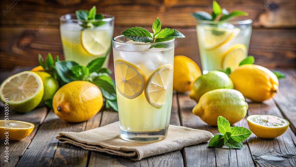 Fototapeta premium Summer refreshing lemonade drink or alcoholic cocktail with ice and lemon slices. Fresh healthy cold lemon beverage. Water with lemon.