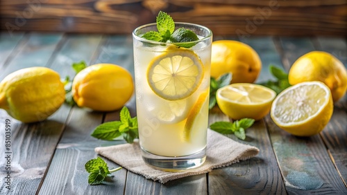 Summer refreshing lemonade drink or alcoholic cocktail with ice and lemon slices. Fresh healthy cold lemon beverage. Water with lemon.