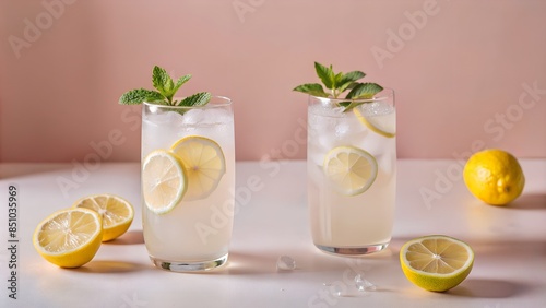 Summer refreshing lemonade drink or alcoholic cocktail with ice and lemon slices. Fresh healthy cold lemon beverage. Water with lemon.