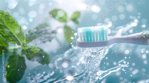 floating toothbrush for dental care and oral hygiene as electric teeth brush cleaning machine with water splashes photo