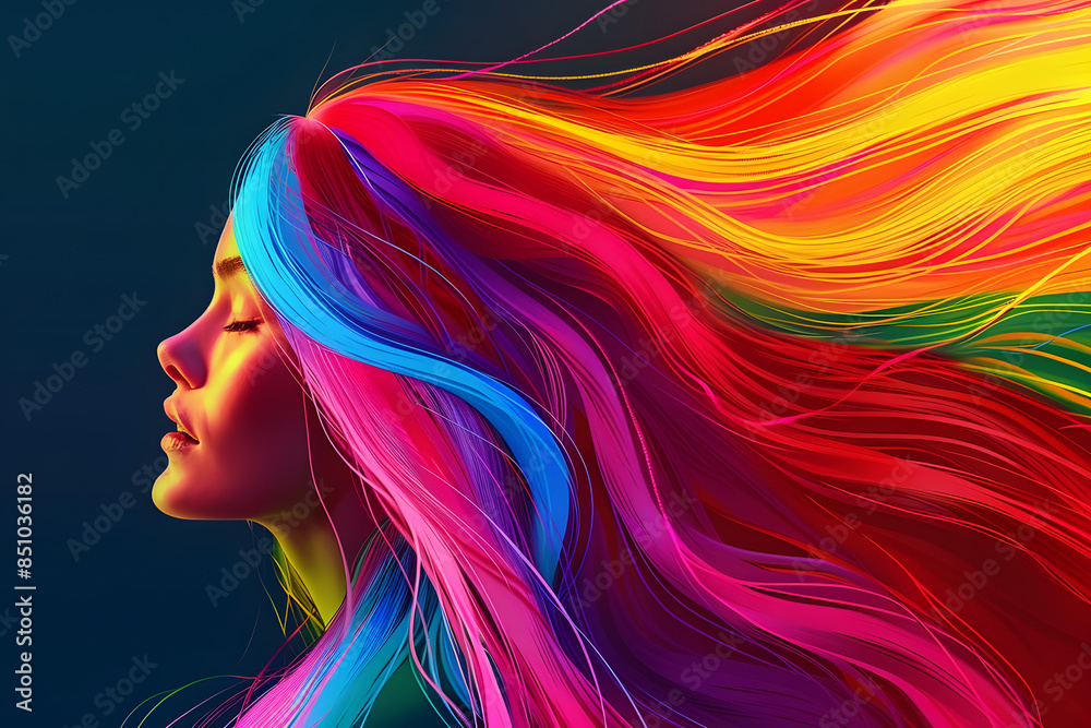 Rainbow colored long hair blowing in the wind beauty and artistic fashion concept illustration of woman with windy hair Rainbow colored long hair blowing in the wind beauty and artistic fashion concept illustration of woman with windy hair
