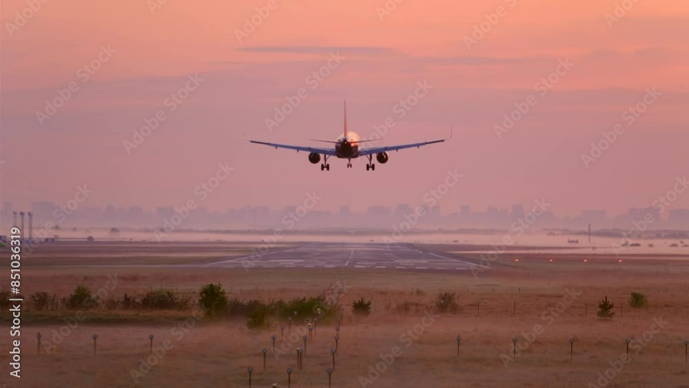 Rear view of a landing plane at sunset. Horizontal video. Rear view of a landing plane at sunset. Horizontal video.