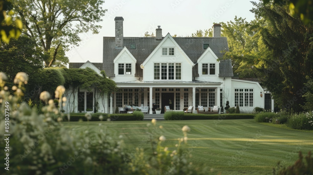 House In Distance. Elegant Large White Home in Beautiful Summer Setting House In Distance. Elegant Large White Home in Beautiful Summer Setting