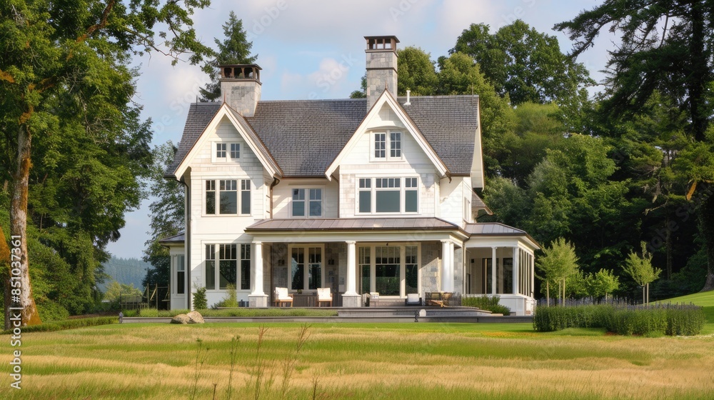 House In Distance. Large White Craftsman Home with Summer Exterior Design House In Distance. Large White Craftsman Home with Summer Exterior Design