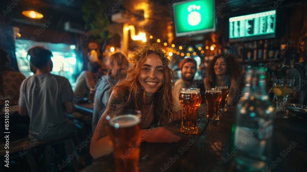 Obraz premium Friends Celebrating St. Patrick's Day In A Pub With Beers And Lively Atmosphere