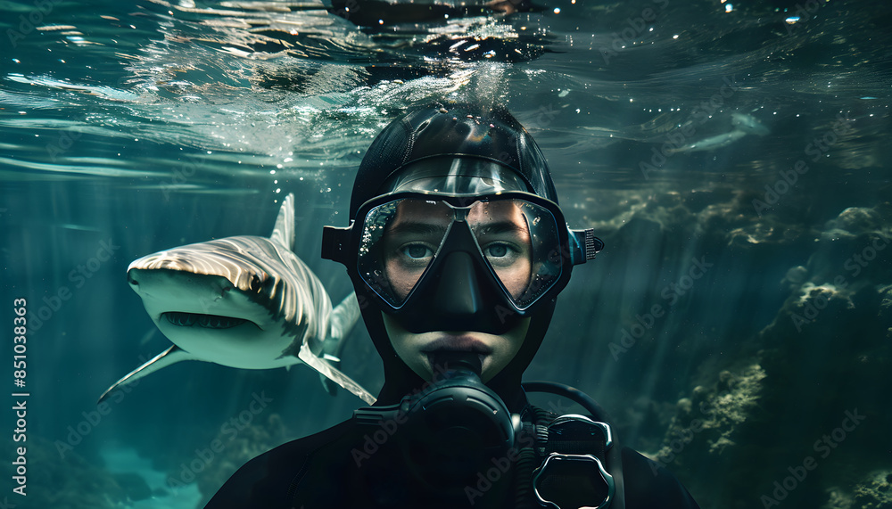 Fototapeta premium Close-Up of Diver with Shark in Underwater Adventure