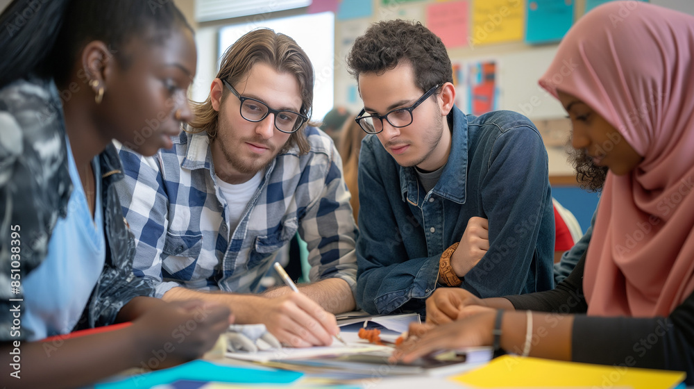 Diverse group of college students collaborating on a project, brainstorming ideas, and sharing creative thoughts in a vibrant classroom setting Diverse group of college students collaborating on a project, brainstorming ideas, and sharing creative thoughts in a vibrant classroom setting