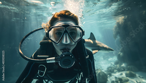 UNDERWATER: A female diver in the turquoise ocean dives with sharks. An adventurous tourist is diving in the emerald sea with beautiful sharks. photo