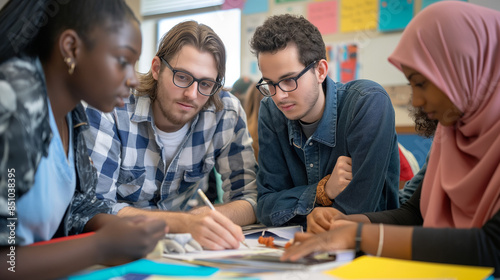 Diverse group of college students collaborating on a project, brainstorming ideas, and sharing creative thoughts in a vibrant classroom setting
