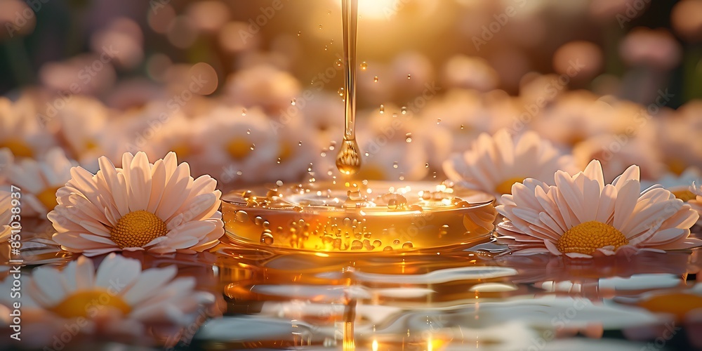 Golden oil being poured onto a water surface surrounded by white and yellow chamomile flowers, evoking a sense of natural wellness and skincare. Golden oil being poured onto a water surface surrounded by white and yellow chamomile flowers, evoking a sense of natural wellness and skincare.