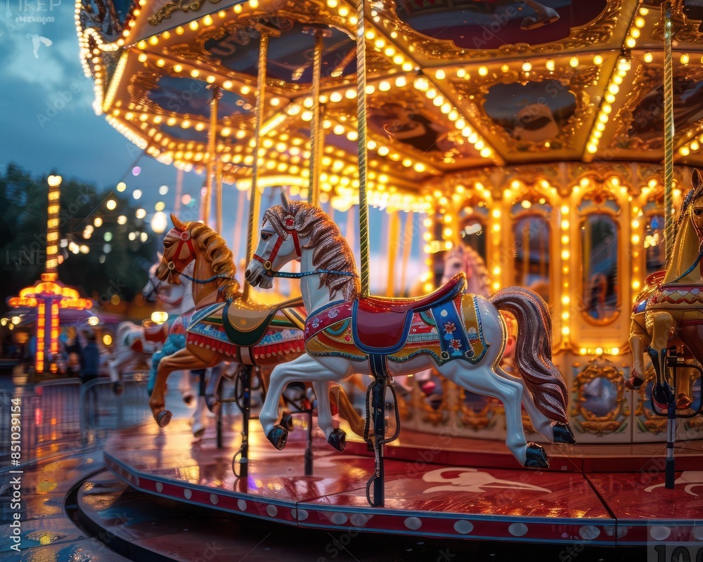 Fototapeta premium Enchanting carousel with illuminated horses at night, capturing the magical essence of a carnival in the evening.
