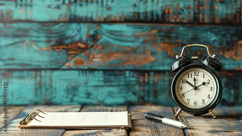 Photo of an alarm clock and pen on a desk, with plenty of space for your own notes and reminders with copy space