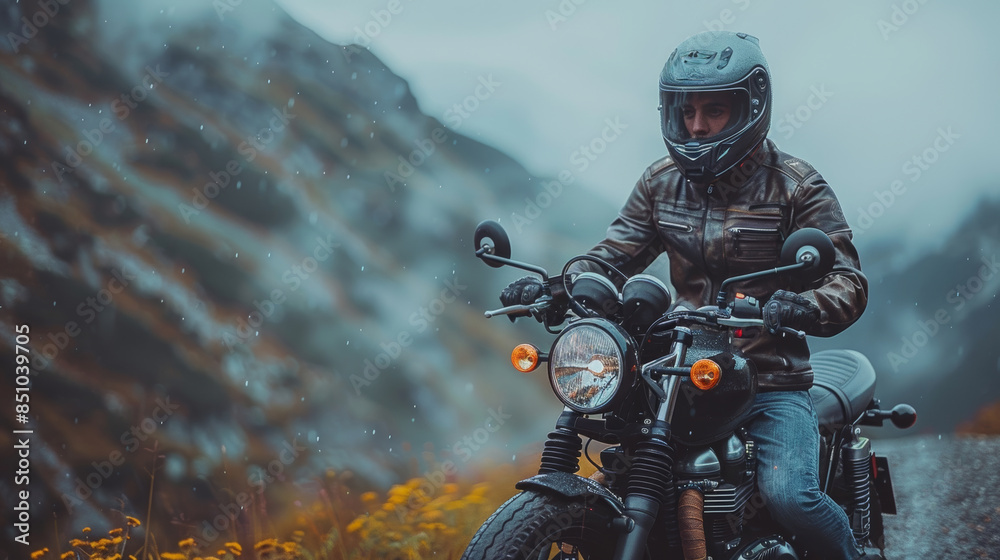 Man Riding Motorcycle on Misty Mountain Road Wearing Helmet and Leather Jacket