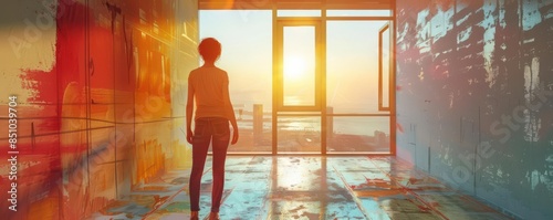 A person stands in a colorful room bathed in sunset light, looking out through large windows at the serene landscape. photo