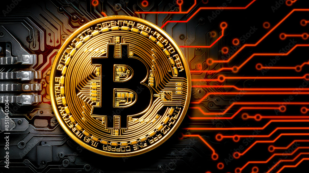 Background Symbol Image Dynamic Image of Golden Bitcoins on a High-Tech Circuit Board Background Illustrating the Integration of Cryptocurrency with Advanced Technology for Modern Financial Background Symbol Image Dynamic Image of Golden Bitcoins on a High-Tech Circuit Board Background Illustrating the Integration of Cryptocurrency with Advanced Technology for Modern Financial