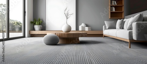 Sleek monochrome living room with Douglas fir wood accents and a grey woven carpet floor.