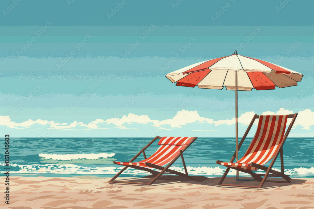 Relaxing Beach Scene with Striped Umbrella and Chairs Relaxing Beach Scene with Striped Umbrella and Chairs