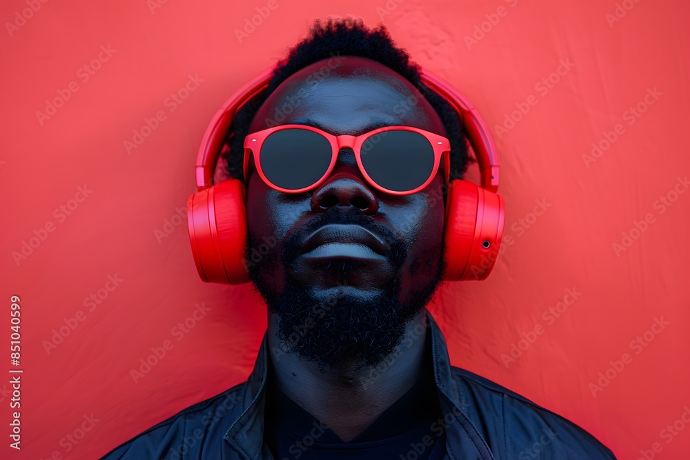 Portrait of black man with red headphones with red background Portrait of black man with red headphones with red background