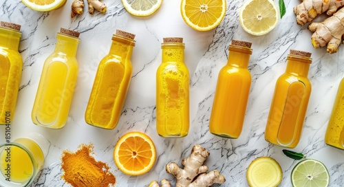 Immune Health Boost: Natural Vitamin Drink to Defend Against Virus. Top-View Fresh Turmeric, Ginger, Citrus Juice Shot. Vegan Cold Fighter
