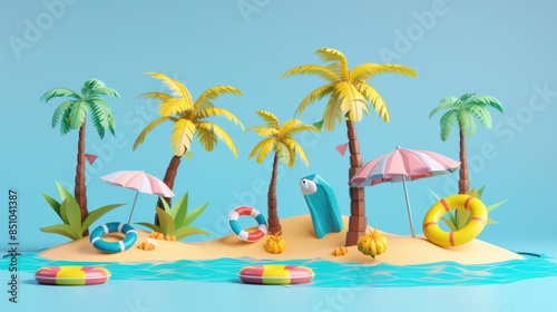 Creative 3d cartoon island with summer goods. Summer holiday.