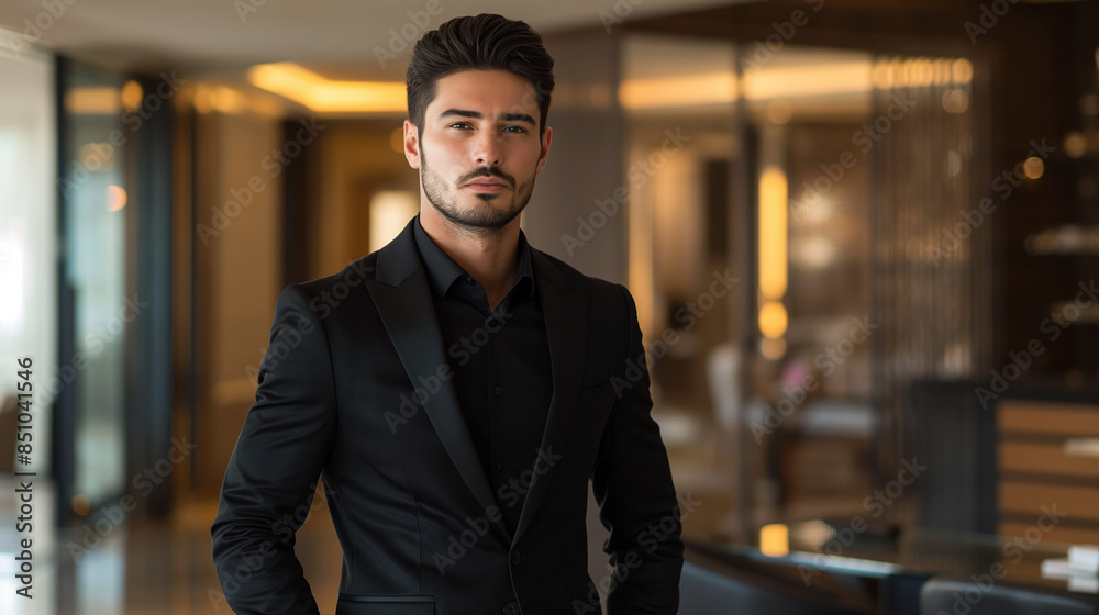 Man dressed in a total black suit with a black shirt and tie standing ...