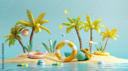 Creative 3d cartoon island with summer goods. Summer holiday.