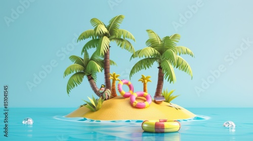 Creative 3d cartoon island with summer goods. Summer holiday.