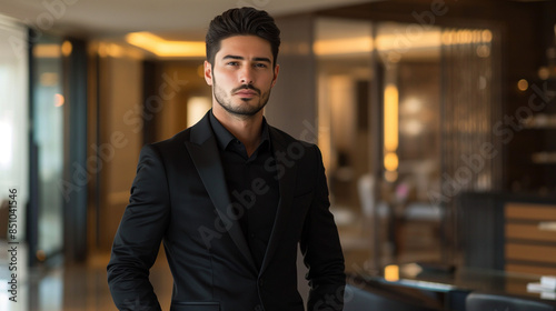 Man dressed in a total black suit with a black shirt and tie standing confidently in a modern office environment