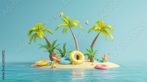 Creative 3d cartoon island with summer goods. Summer holiday.