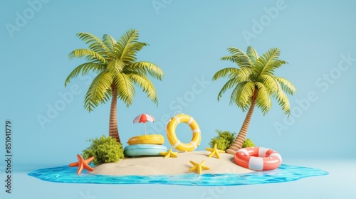 Creative 3d cartoon island with summer goods. Summer holiday.
