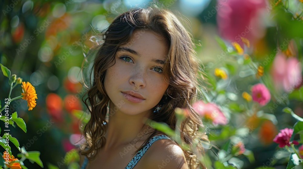 young and beautiful woman surrounded by flowers