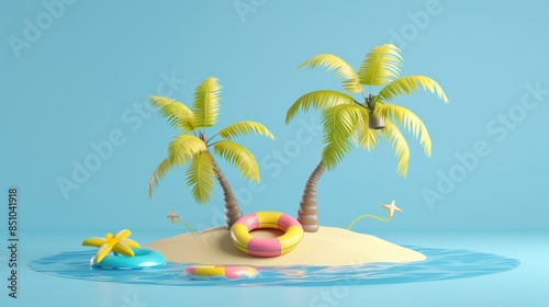Creative 3d cartoon island with summer goods. Summer holiday.