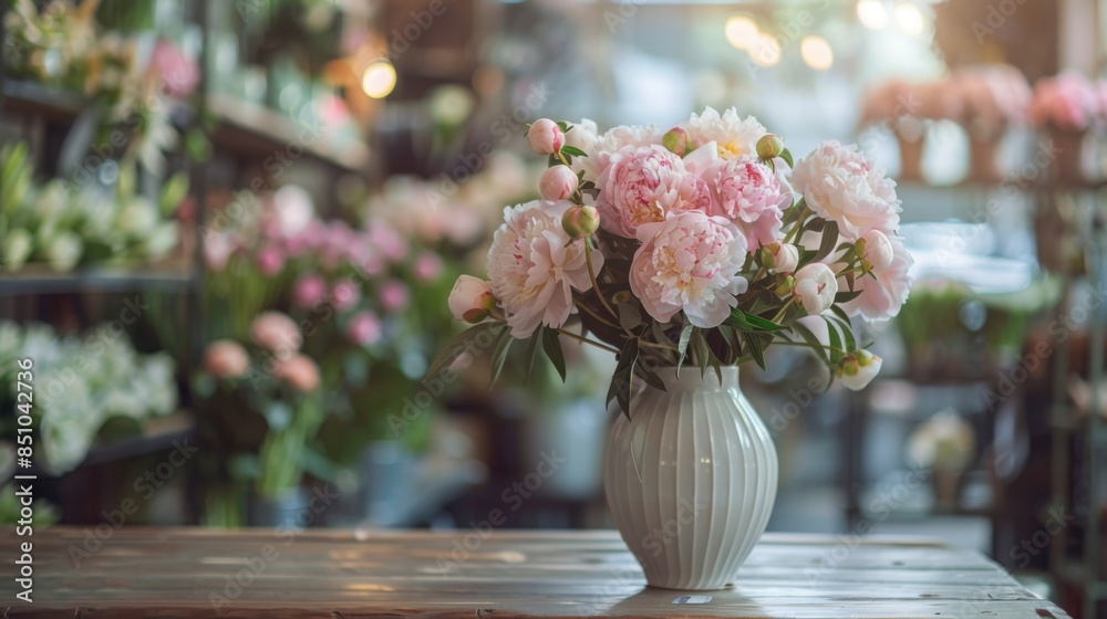A bouquet of pink peonies sits in a white vase on a wooden table in a flower shop. The peonies are in full bloom and the shop is filled with a variety of other flowers. A bouquet of pink peonies sits in a white vase on a wooden table in a flower shop. The peonies are in full bloom and the shop is filled with a variety of other flowers.