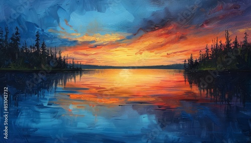 Stunning sunset over a calm lake with vibrant orange and blue hues, surrounded by silhouettes of trees in a beautiful natural landscape.