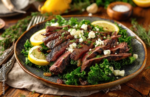 Grilled Skirt Steak Salad with Kale and Feta