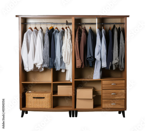 Portable wooden wardrobe with wheels isolated on white