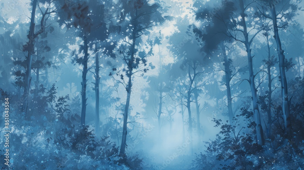 Forest scene with blue mist towering trees mysterious Forest scene with blue mist towering trees mysterious