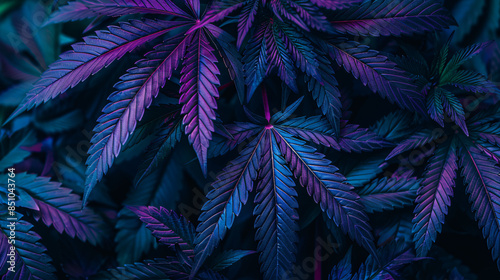 Mesmerizing patterns emerge as marijuana leaves are lit up by purple and blue grow lights