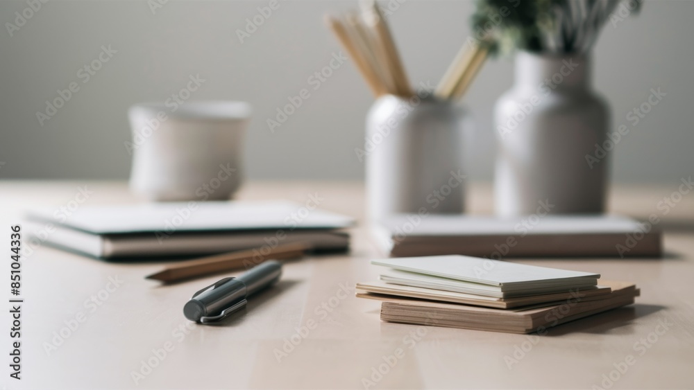 A table with a pen, notebook and some other items, AI A table with a pen, notebook and some other items, AI